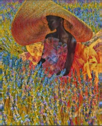 a painting of a woman in a hat in a field