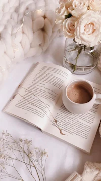 a cup of coffee and a book on a bed