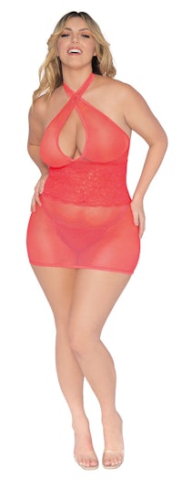 a woman in a red lingersuit posing