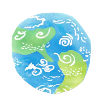 a watercolor illustration of the earth with clouds and waves