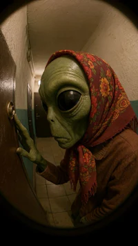 a woman wearing a scarf is looking through a mirror