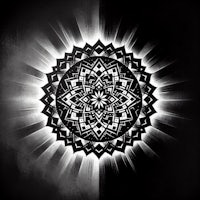 a black and white mandala on a black background