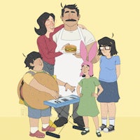an illustration of a family with a pizza and hamburger