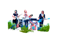 a group of people on stage with guitars and drums