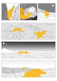 a series of drawings showing a yellow splatter on the ground