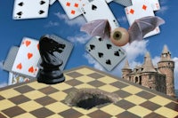 a chess board with flying bats and chess pieces