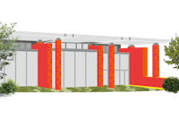 a rendering of a building with red walls and trees