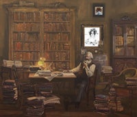 a painting of a man sitting at a desk in front of books