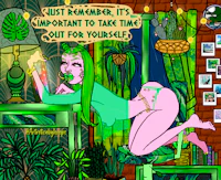 a cartoon of a woman sitting in a room with plants