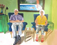an oil painting of an older couple sitting in chairs