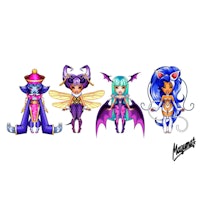 a group of different characters with purple and blue hair