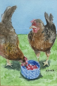 a watercolor painting of two chickens eating from a bowl