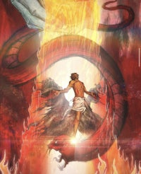 an illustration of jesus standing in front of a fire and a snake