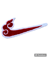 a red and white embroidered nike swoosh on a black background