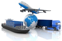 a plane flying over a truck and a globe