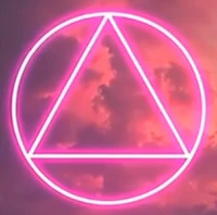 a pink neon triangle with clouds in the background