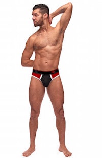 a man is posing in a black and red brief
