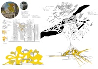 a sketch of a building with a yellow structure