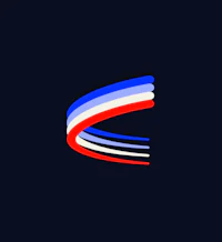 a logo with a red, blue, and white flag on it