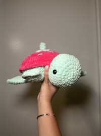 a person holding a stuffed turtle