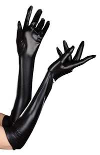 a pair of black leather gloves on a white background