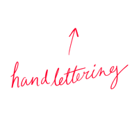 the word hand lettering is written in red on a black background