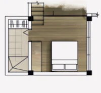 a floor plan of a small apartment with a bed and a bedside table