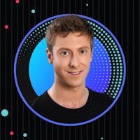 a man in a black shirt with a blue background