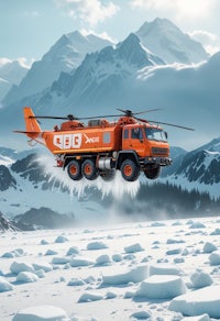 an orange helicopter flying over a snow covered mountain