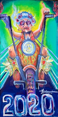 a painting of a man riding a motorcycle with the word 2020
