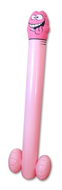 a pink inflatable dildo standing on top of a white background