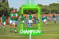 a group of soccer players on a field with the word champion