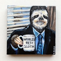 a painting of a sloth holding a cup of coffee