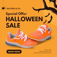 a pair of orange shoes with the words special offer halloween sale