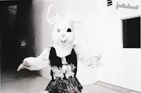 a man dressed as a bunny is standing in a hallway