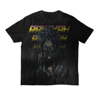 a black t - shirt with an image of a woman wearing a mask