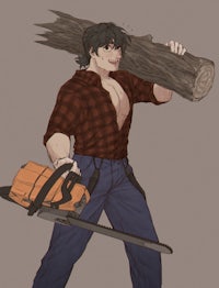 a man with a chainsaw holding a log