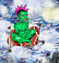 a drawing of a woman sitting on a blanket in the sky