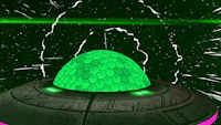 a green alien spaceship in the middle of a starry sky