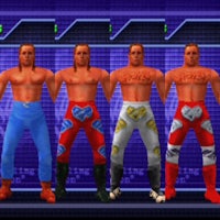 a group of wrestlers standing in front of a screen