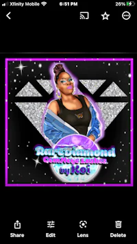 a phone screen with an image of a woman in a purple shirt