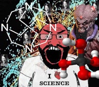 a cartoon of a man with a beard and a molecule in front of him