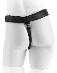 a mannequin wearing a black thong with a metal buckle
