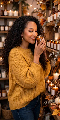 a woman in a yellow sweater is holding a candle in a store