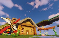 a minecraft scene with a house and flowers
