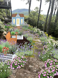 a 3d rendering of a garden with a blue house and flowers
