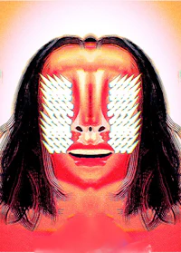 an image of a woman's face with a lot of feathers