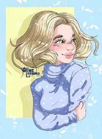 a cartoon of a girl with blonde hair and blue sweater