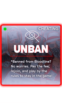 a card with the words'unban? banned from bloodline no pay