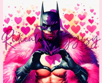 a batman holding a pink fur coat in front of hearts